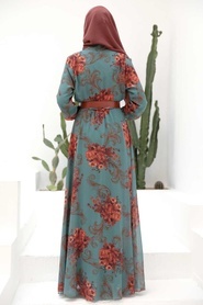 Neva Style - Çiçek Desenli Çağla Yeşili Tesettür Elbise 3134CY - Thumbnail