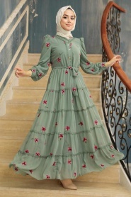Neva Style - Çiçek Desenli Çağla Yeşili Tesettür Elbise 35720CY - Thumbnail