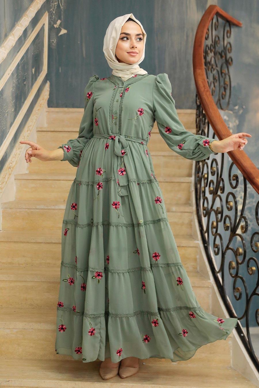 Neva Style - Çiçek Desenli Çağla Yeşili Tesettür Elbise 35720CY