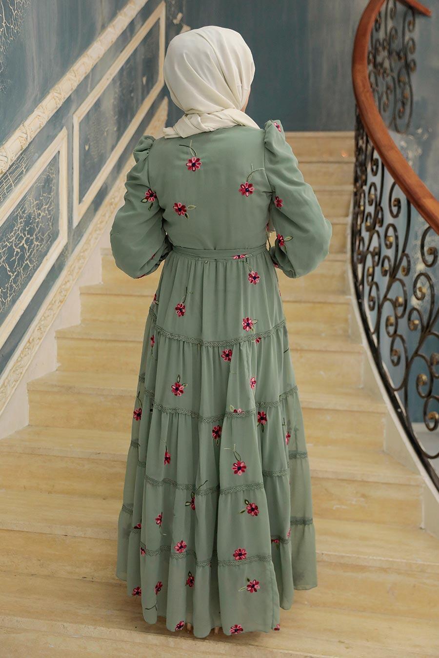 Neva Style - Çiçek Desenli Çağla Yeşili Tesettür Elbise 35720CY