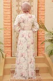 Neva Style - Çiçek Desenli Ekru Tesettür Elbise 279017E - Thumbnail
