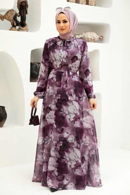 Neva Style - Çiçek Desenli Gül Kurusu Tesettür Elbise 279054GK - Thumbnail