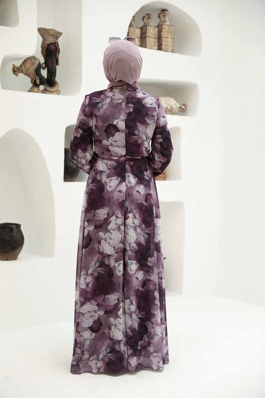 Neva Style - Çiçek Desenli Gül Kurusu Tesettür Elbise 279054GK