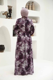 Neva Style - Çiçek Desenli Gül Kurusu Tesettür Elbise 279054GK - Thumbnail