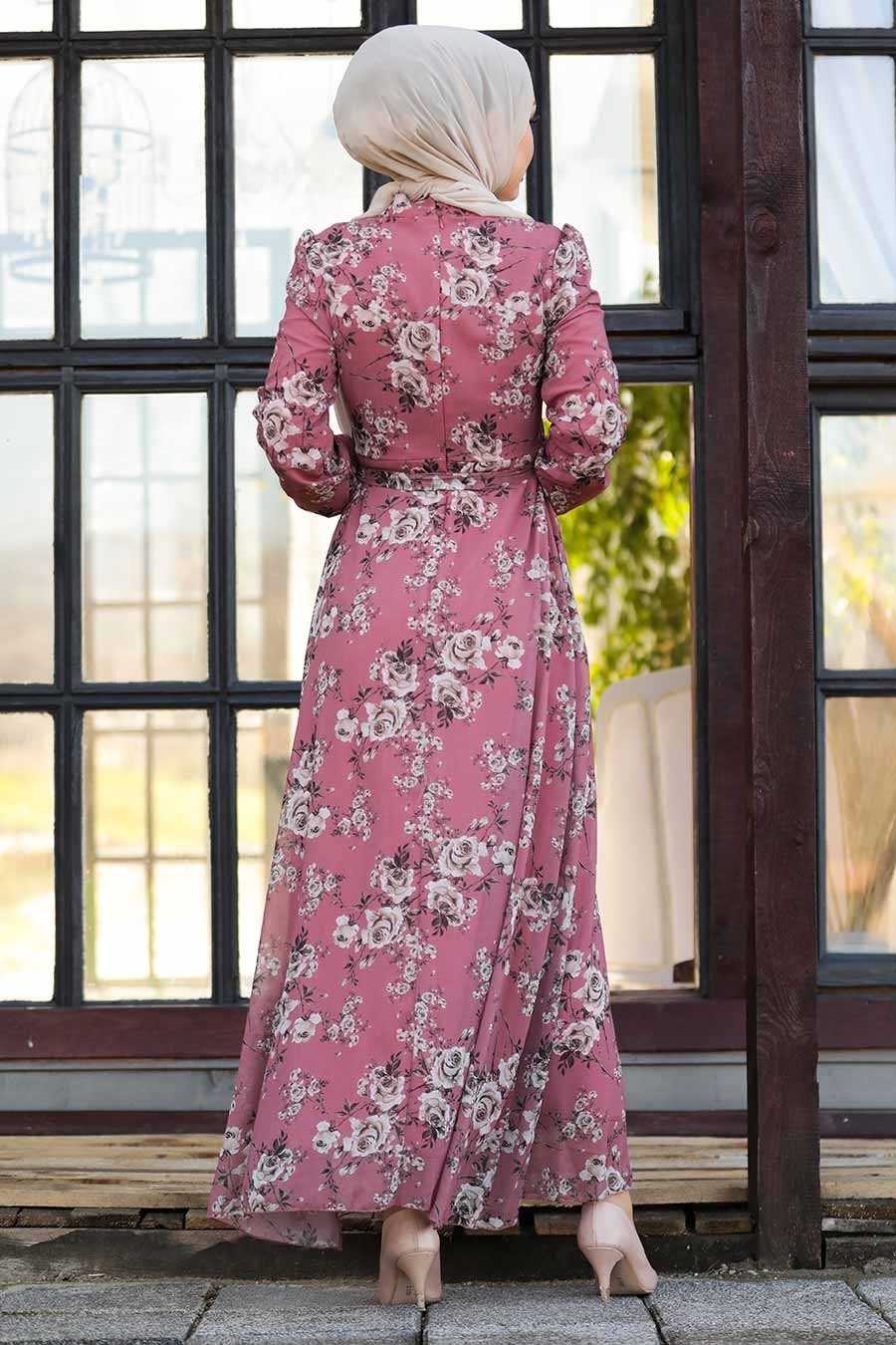Neva Style - Çiçek Desenli Gül Kurusu Tesettür Elbise 81390GK
