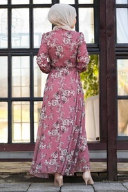 Neva Style - Çiçek Desenli Gül Kurusu Tesettür Elbise 81390GK - Thumbnail