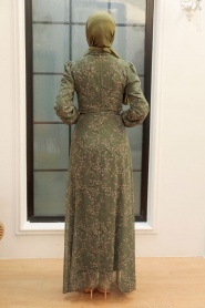 Neva Style -Çiçek Desenli Haki Tesettür Elbise 279011HK - Thumbnail