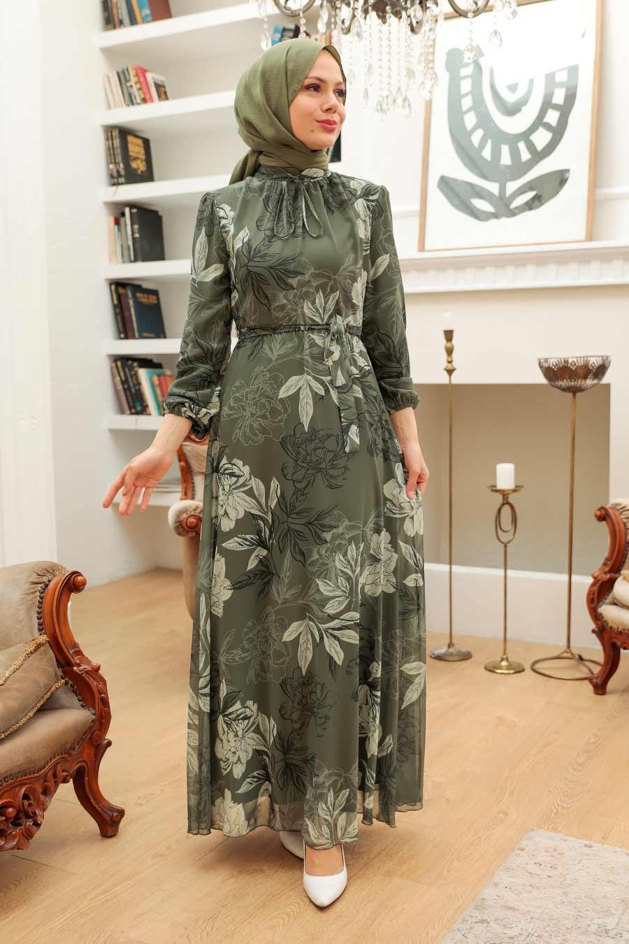 Neva Style - Çiçek Desenli Haki Tesettür Elbise 279062HK