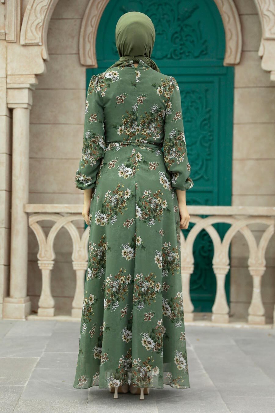 Neva Style - Çiçek Desenli Haki Tesettür Elbise 279080HK