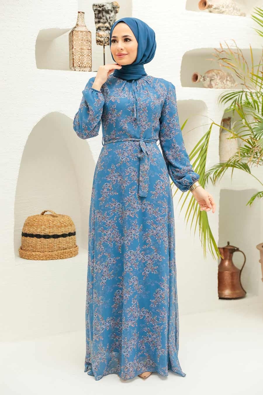 Neva Style -Çiçek Desenli İndigo Mavisi Tesettür Elbise 279011IM