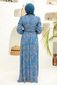 Neva Style -Çiçek Desenli İndigo Mavisi Tesettür Elbise 279011IM - Thumbnail