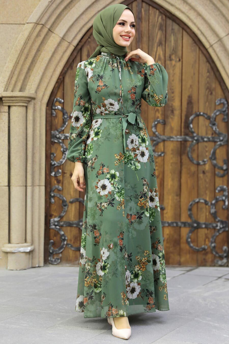 Neva Style - Çiçek Desenli Çağla Yeşili Tesettür Elbise 279078CY