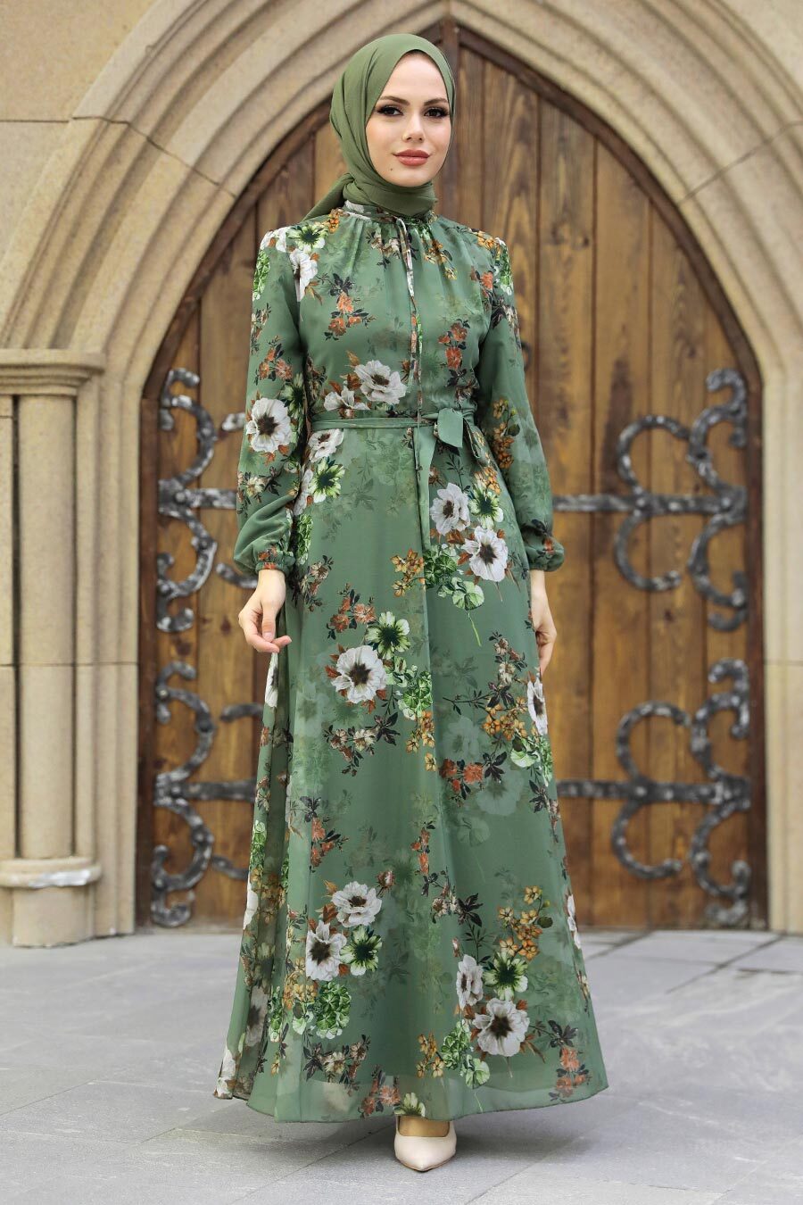 Neva Style - Çiçek Desenli Çağla Yeşili Tesettür Elbise 279078CY