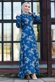 Neva Style - Çiçek Desenli İndigo Mavisi Tesettür Elbise 81390IM - Thumbnail