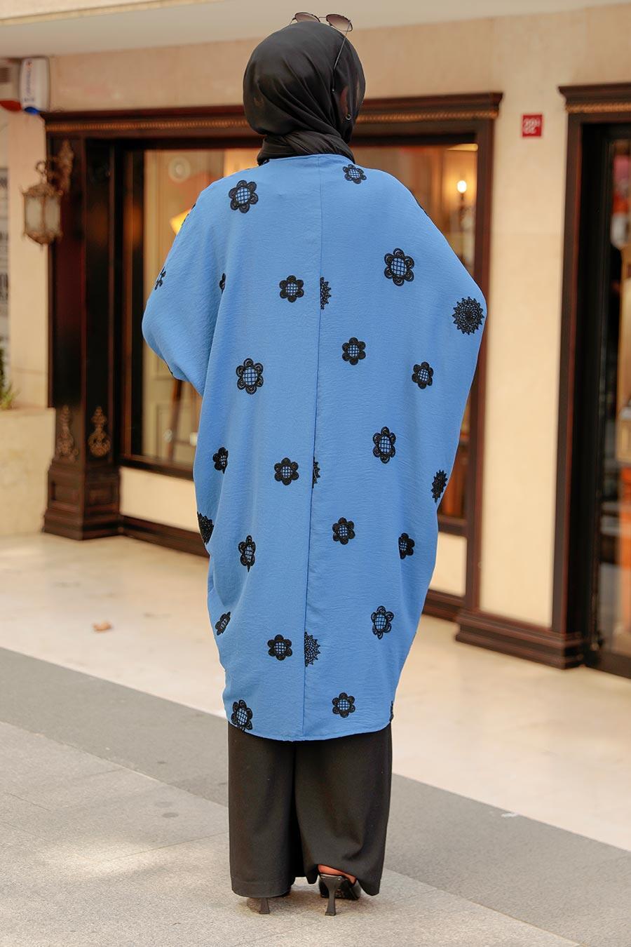 Neva Style - Çiçek Desenli İndigo Mavisi Tesettür Kimono 6427IM