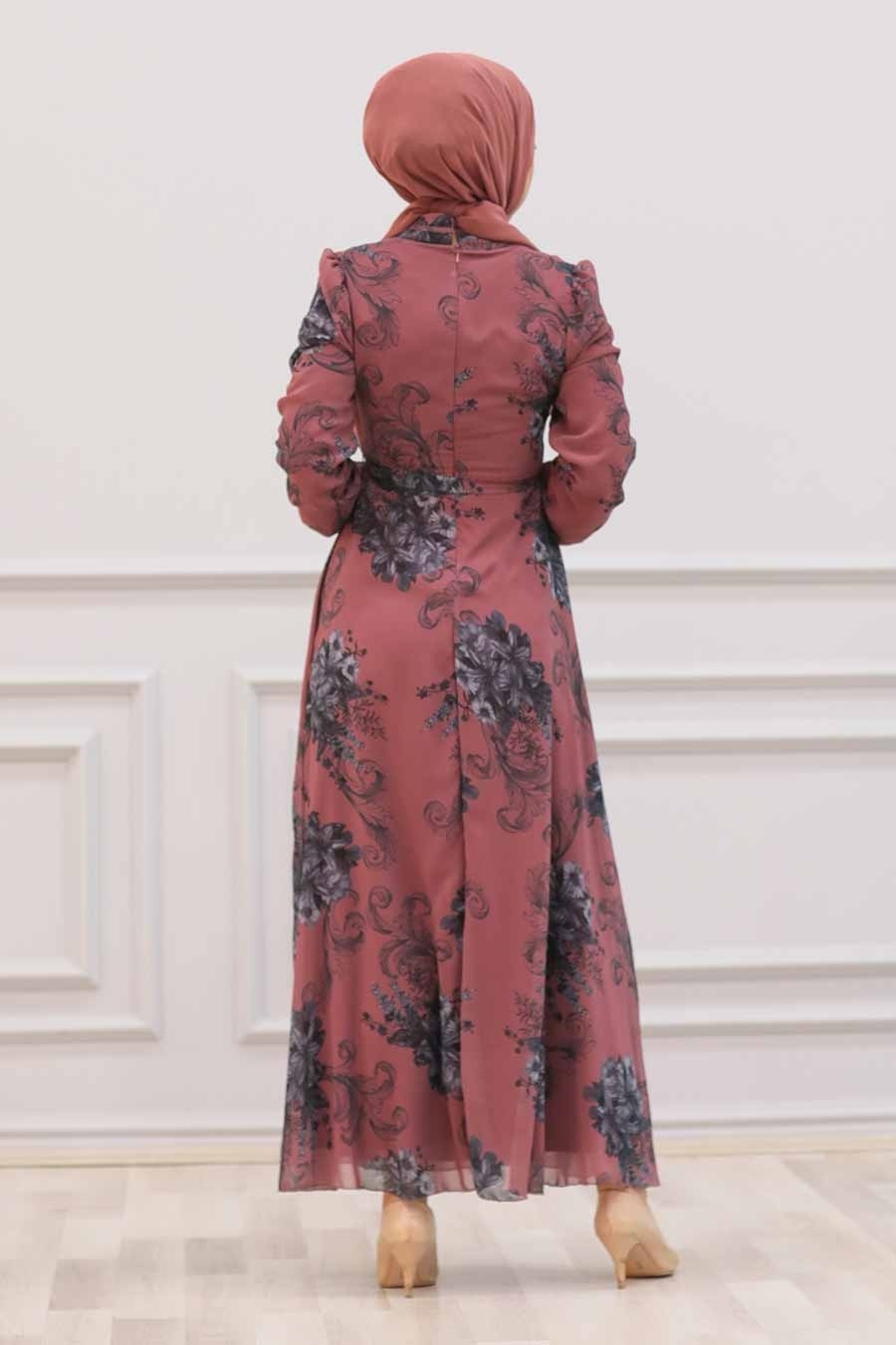 Neva Style - Çiçek Desenli Koyu Gül Kurusu Tesettür Elbise 27921KGK