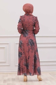 Neva Style - Çiçek Desenli Koyu Gül Kurusu Tesettür Elbise 27921KGK - Thumbnail