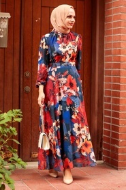 Neva Style - Çiçek Desenli Lacivert Tesettür Elbise 27925L - Thumbnail