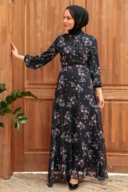 Neva Style - Çiçek Desenli Siyah Tesettür Elbise 279026S - Thumbnail