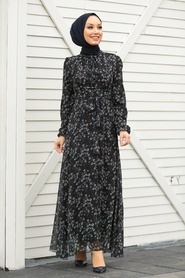 Neva Style - Çiçek Desenli Siyah Tesettür Elbise 27902S - Thumbnail