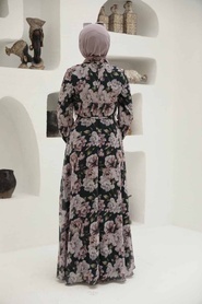 Neva Style - Çiçek Desenli Siyah Tesettür Elbise 279058S - Thumbnail