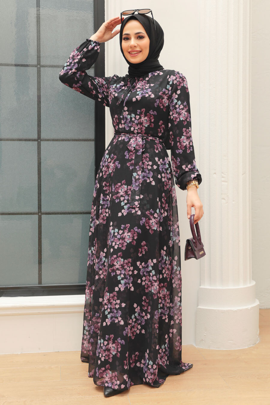 Neva Style - Çiçek Desenli Siyah Tesettür Elbise 279061S