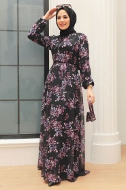 Neva Style - Çiçek Desenli Siyah Tesettür Elbise 279061S - Thumbnail