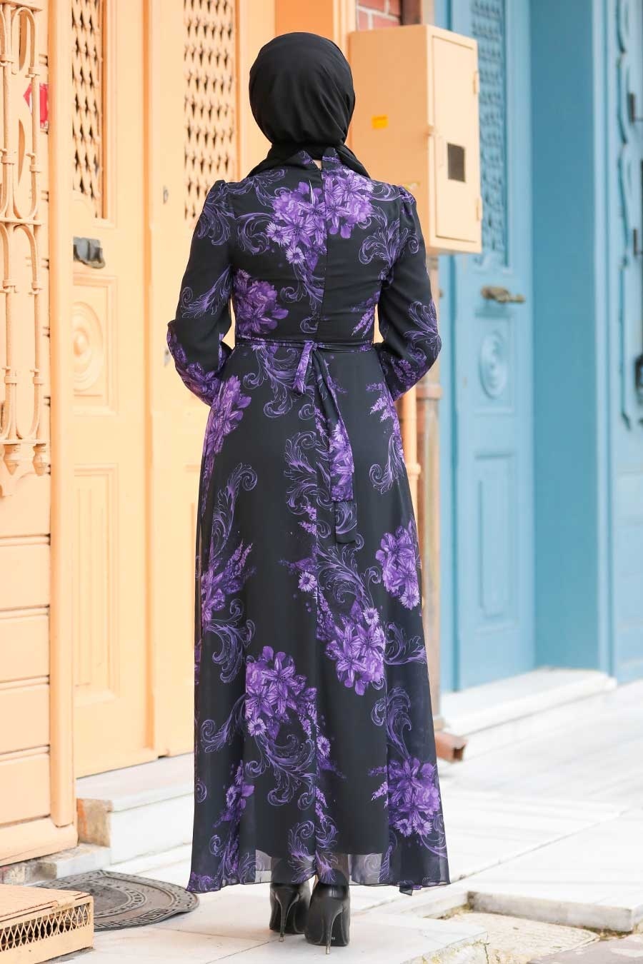 Neva Style - Çiçek Desenli Siyah Tesettür Elbise 27921S