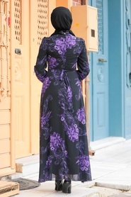 Neva Style - Çiçek Desenli Siyah Tesettür Elbise 27921S - Thumbnail