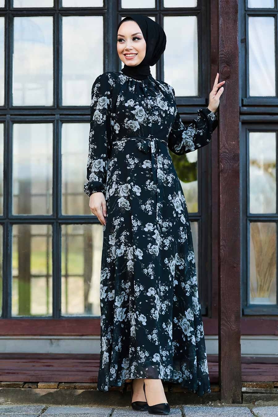 Neva Style - Çiçek Desenli Siyah Tesettür Elbise 81390S