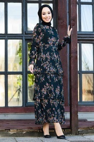 Neva Style - Çiçek Desenli Siyah Tesettür Elbise 8140S - Thumbnail