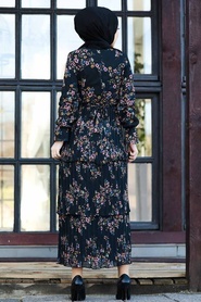 Neva Style - Çiçek Desenli Siyah Tesettür Elbise 8140S - Thumbnail