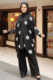 Neva Style - Çiçek Desenli Siyah Tesettür Kimono 6427S - Thumbnail