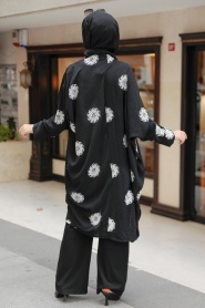 Neva Style - Çiçek Desenli Siyah Tesettür Kimono 6427S - Thumbnail