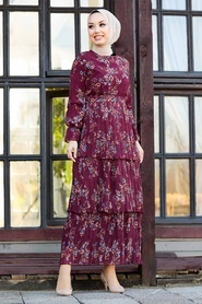 Neva Style - Çiçek Desenli Vişne Tesettür Elbise 8140VSN - Thumbnail