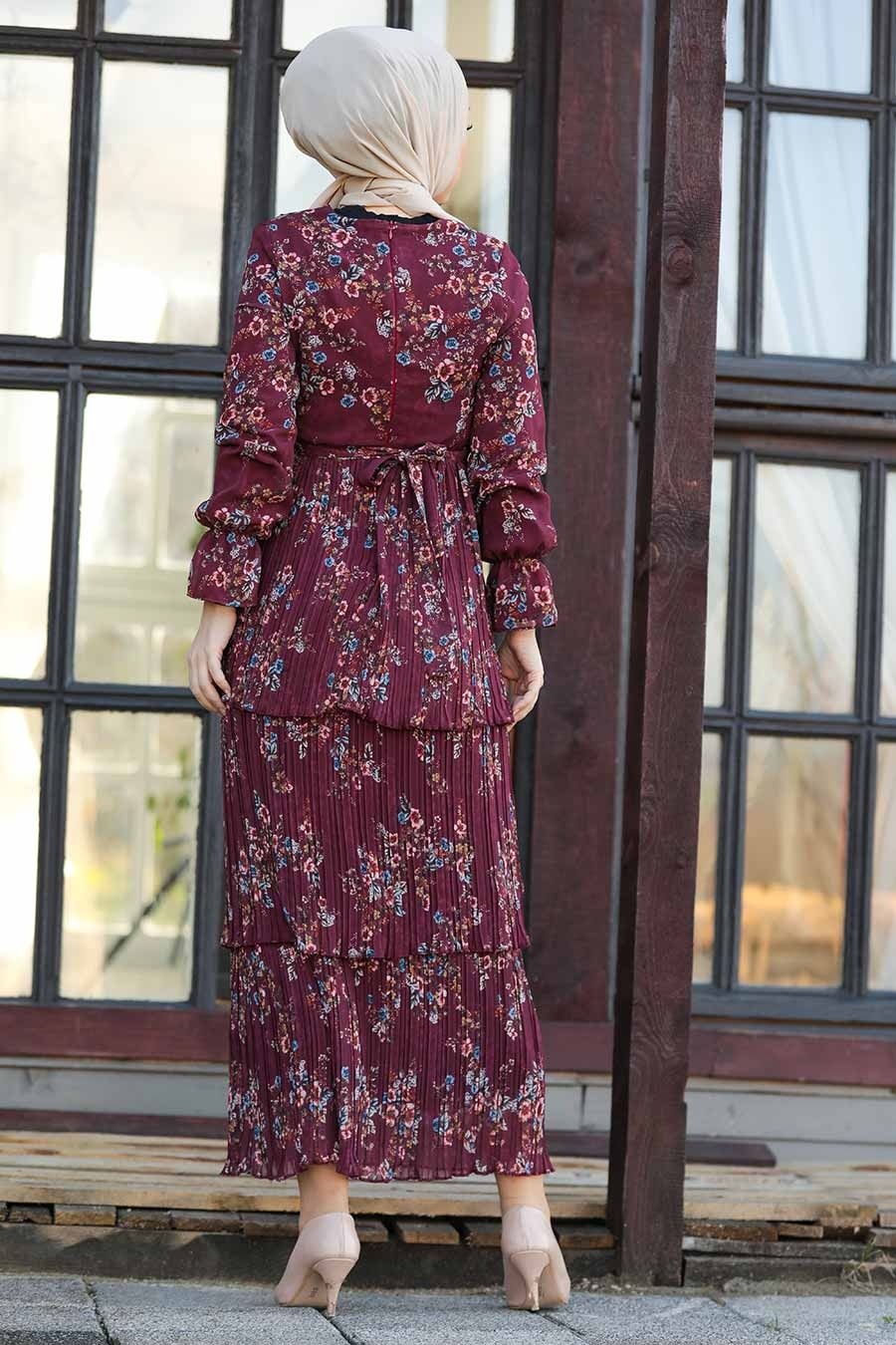 Neva Style - Çiçek Desenli Vişne Tesettür Elbise 8140VSN
