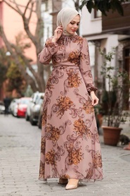 Neva Style - Çiçek Desenli Vizon Tesettür Elbise 27921V - Thumbnail