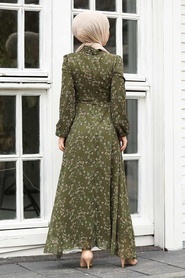 Neva Style - Çiçek Desenli Yeşil Tesettür Elbise 27902Y - Thumbnail