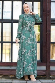 Neva Style - Çiçek Desenli Yeşil Tesettür Elbise 81390Y - Thumbnail