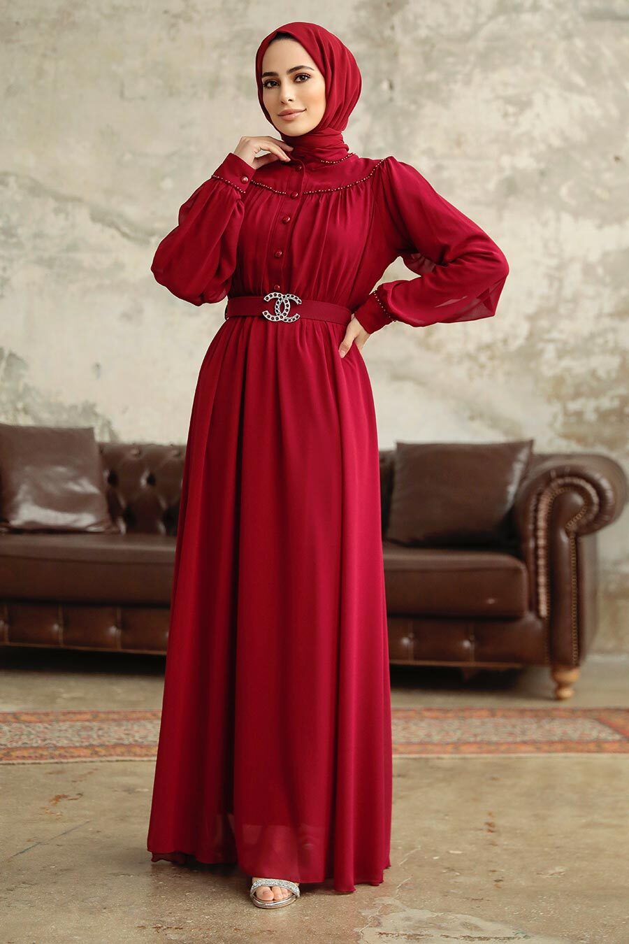 Neva Style - Claret Red Hijab For Women Dress 33284BR