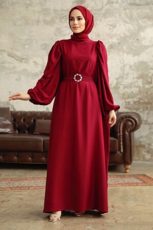 Neva Style - Claret Red Hijab Turkish Dress 5866BR - Thumbnail