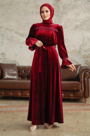 Neva Style - Claret Red Velvet Long Dress for Muslim Ladies 37291BR - Thumbnail