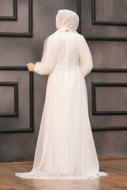 Neva Style - Dantelli Ekru Tesettür Abiye Elbise 50060E - Thumbnail