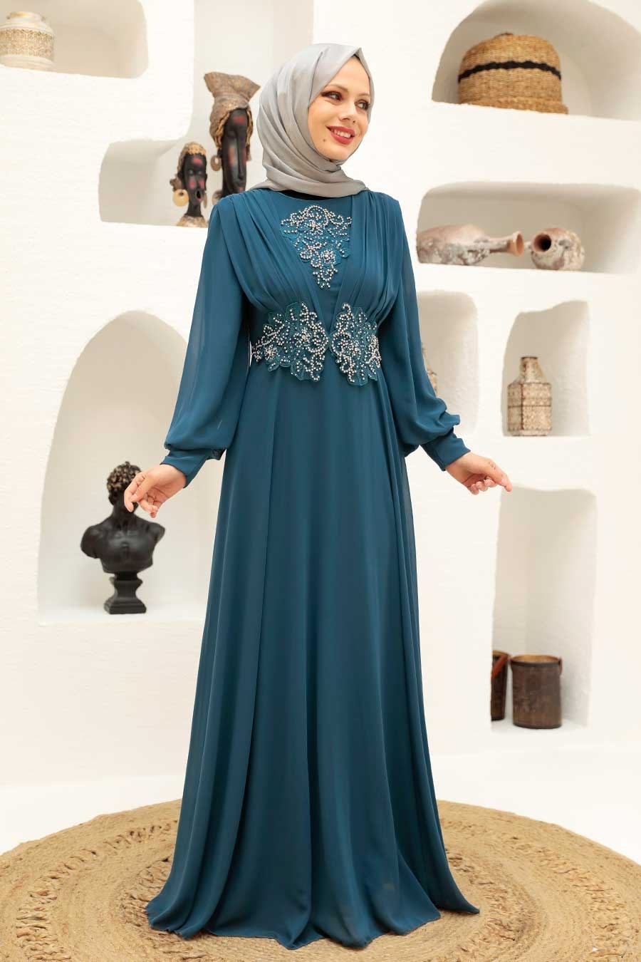 Neva Style - Dantelli Koyu Petrol Mavisi Tesettür Abiye Elbise 9118PM