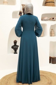Neva Style - Dantelli Koyu Petrol Mavisi Tesettür Abiye Elbise 9118PM - Thumbnail