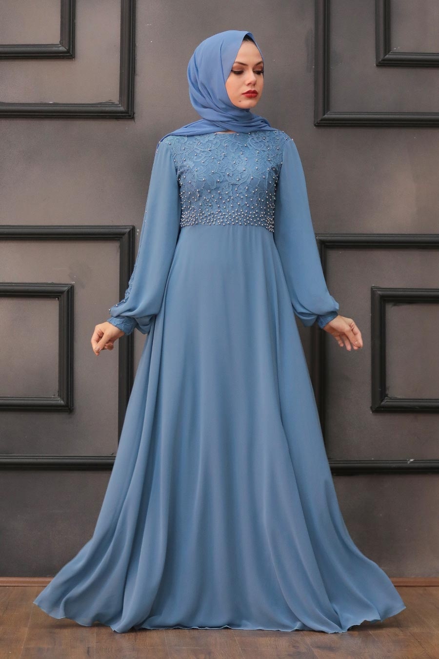 Neva Style - Dantelli Mavi Tesettür Abiye Elbise 50060M