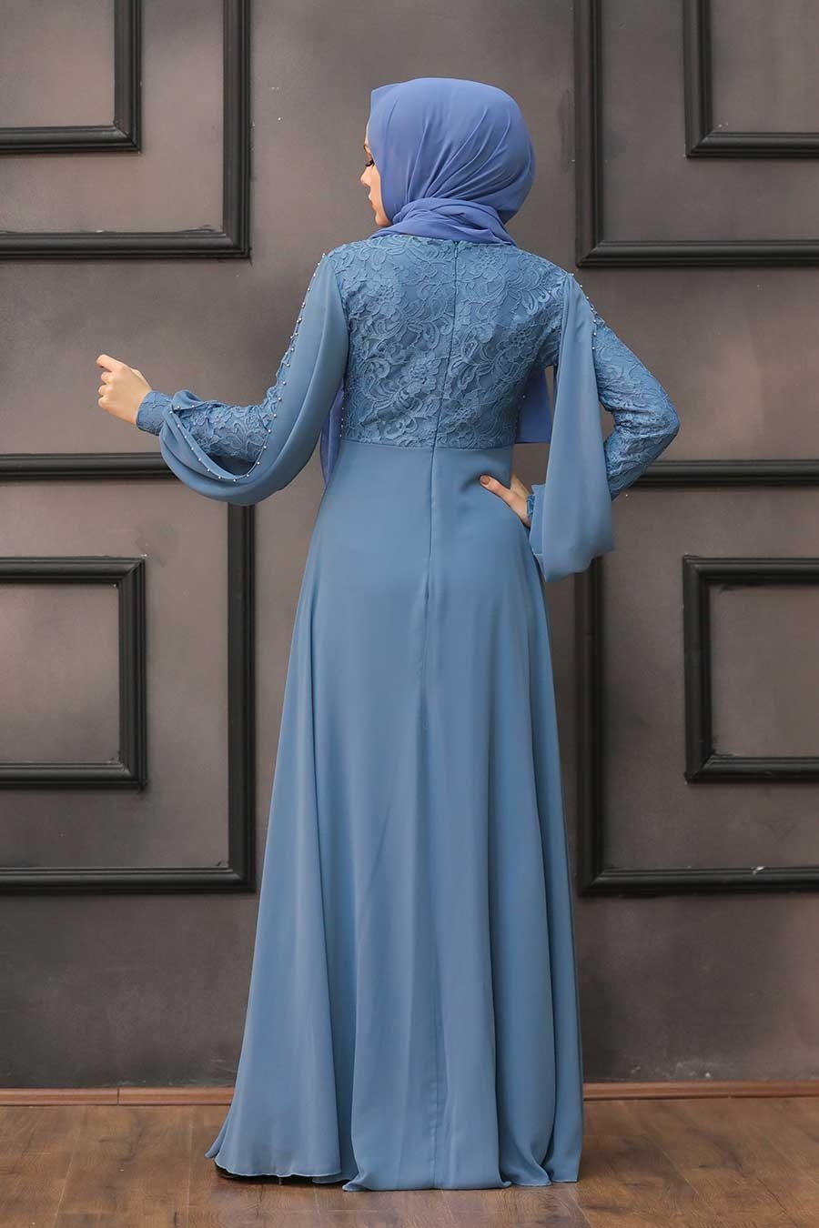 Neva Style - Dantelli Mavi Tesettür Abiye Elbise 50060M
