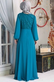 Neva Style - Dantelli Petrol Mavisi Tesettür Abiye Elbise 50060PM - Thumbnail