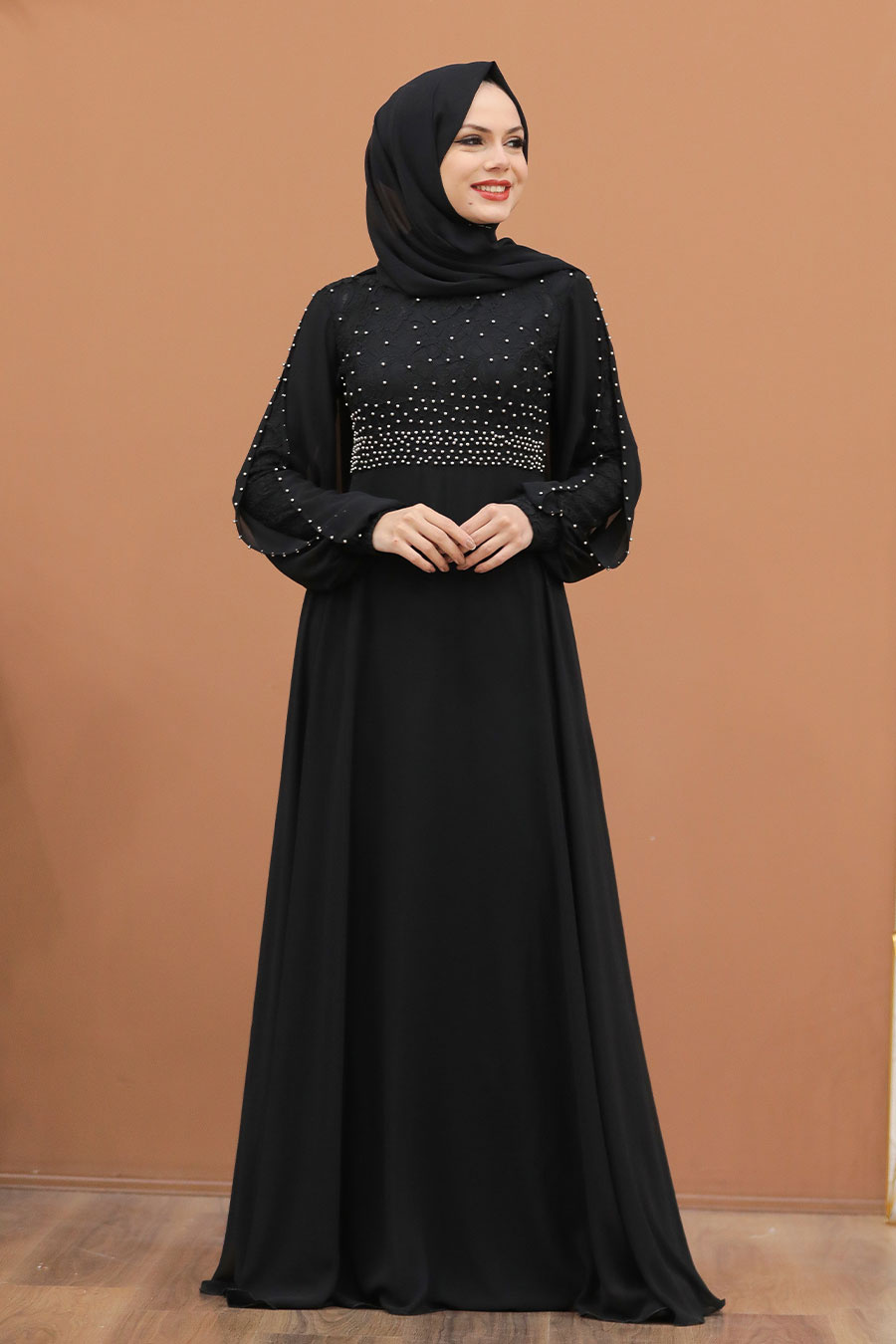 Neva Style - Dantelli Siyah Tesettür Abiye Elbise 50060S