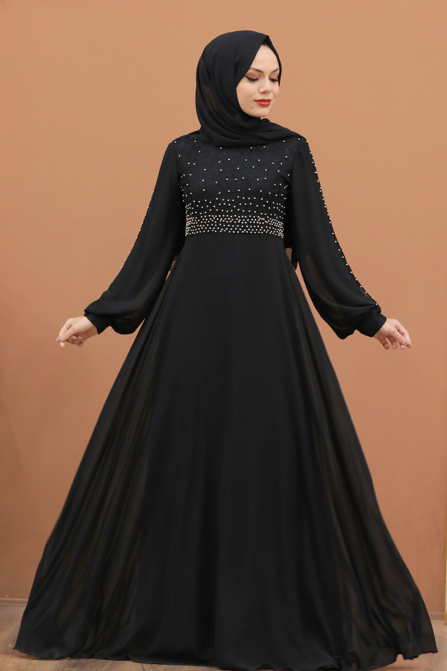 Neva Style - Dantelli Siyah Tesettür Abiye Elbise 50060S